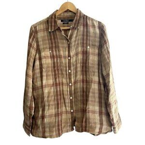 Lauren Ralph Lauren Womens 100% Linen Top Button Down Brown Plaid Large